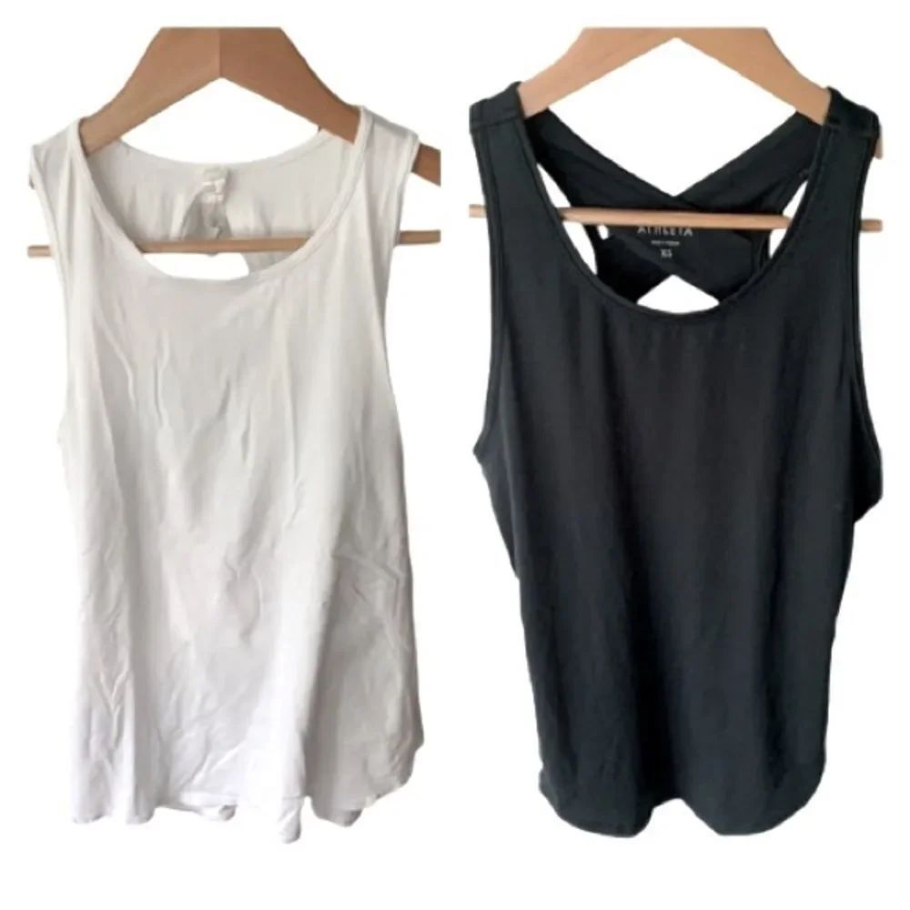 2 Athleta Tank Tops – Blue Yogini & White Keyhole Back, Size XS & 2